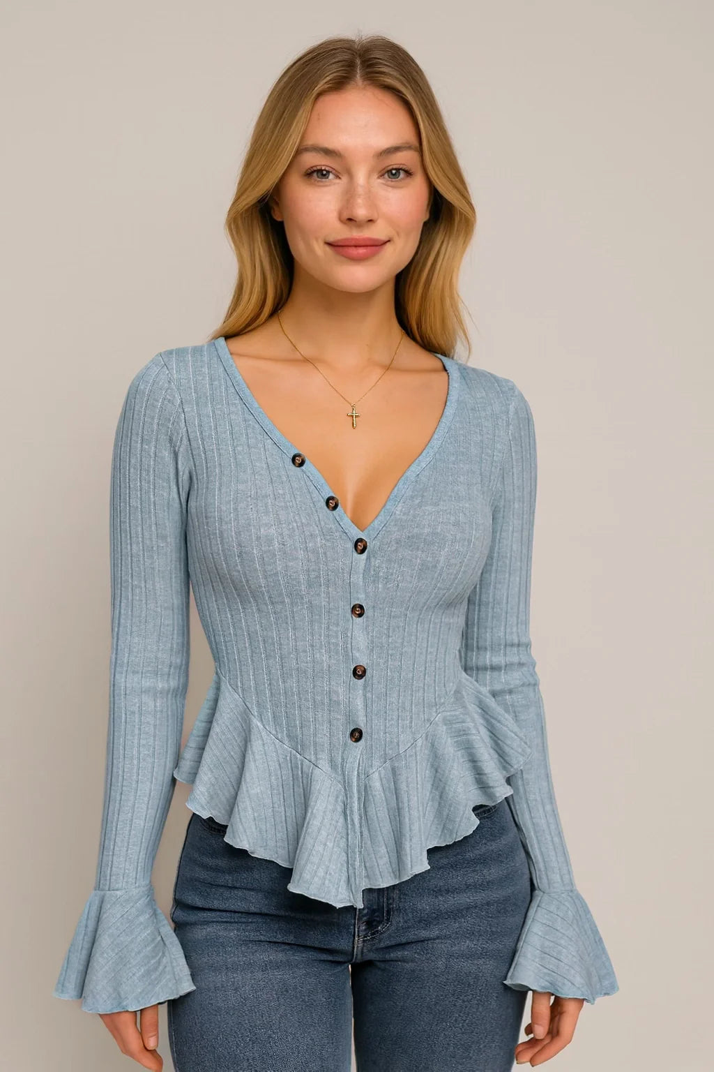 Nolya – The Soft Blue Peplum Cardigan